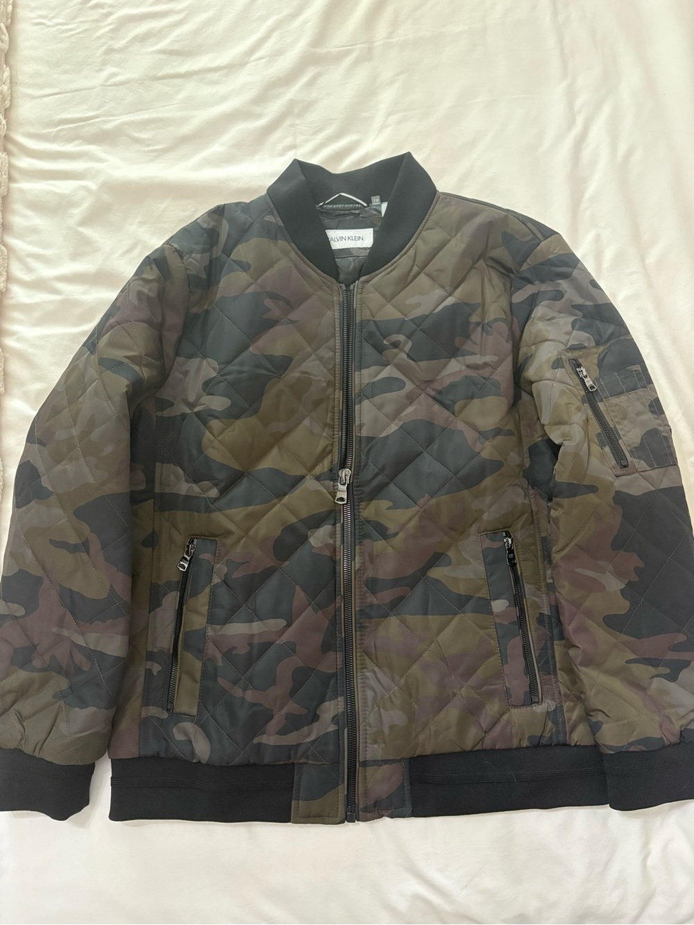 Calvin Klein Olive & Black Camo Quilted Bomber Jacket